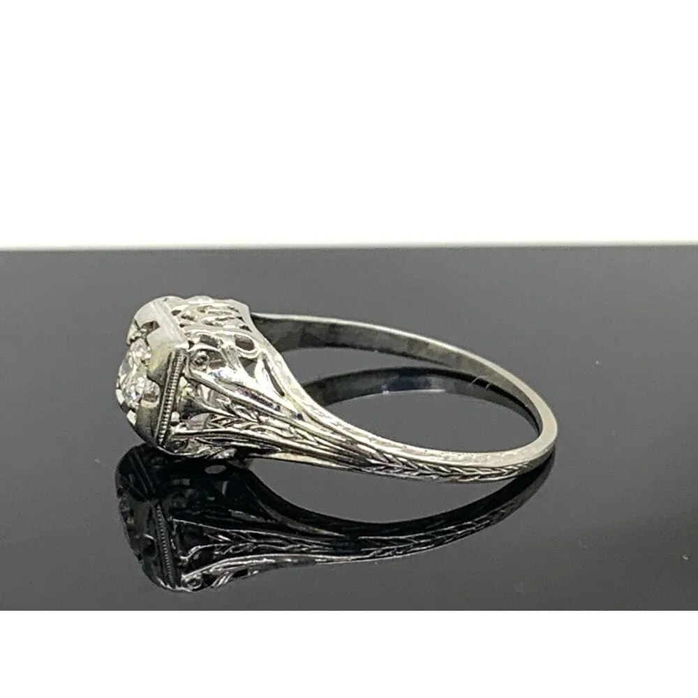 18k White Gold Filigree Diamond Ring 0.25 Carat Antique Estate Jewelry Size 7